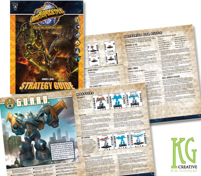 image of the Monsterpocalyse Strategy Guide Volume One, it shows the cover and two example spreads