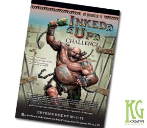 No Quarter Paint Challenge Ad features artwork of a really muscular guy who's busted out from being chained, has a hand raised with a broken bottle. He's got tattoes all over his body and there is a title above him that say "Inked Up Challenge"