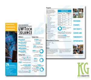 Front and Back of the LWTech at a Glance flyer. The front featuresa photo of a welder creating sparks and wearing their safety helmet. Contents include facts and demographics on the college.